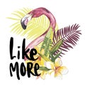 Summer illustration with flamingo. Tropical Bird. Summer Design. T-shirt Fashion Graphic. Hand drawn phrase- Like more.