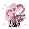 Summer illustration with flamingo. Tropical Bird. Summer Design Vector. T-shirt Fashion Graphic. Hand drawn word - Love. Royalty Free Stock Photo