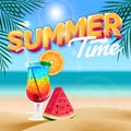 Summer illustration with fresh cocktails drink and coast background