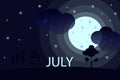 The inscription JULY on the background of the night summer sky full of the moon and stars Royalty Free Stock Photo