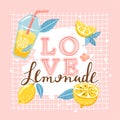 Summer illustration with lemon, flower, lemonade.