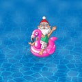 Summer illustration - Santa Claus with Flamingo inflatable float sail along the sea