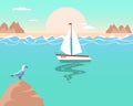 Summer illustration, seascape with white yacht, seagull, mountains at sunset or sunrise. Pastel colors. Print, poster