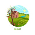 Summer flat vector illustration with small house, apple tree, green field, river and sun. Warm August day. Nature Royalty Free Stock Photo