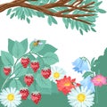 Summer illustration, strawberries in the forest, flowers and grass. Vector flat drawing Royalty Free Stock Photo