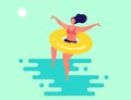 Summer illustration with stylized woman jumping in the water