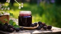 Summer Indulgence: Glass of Homemade Blackberry Jam Amidst Lush Berries