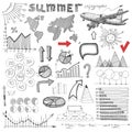 Summer infographic, big set of sketch drawing info
