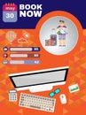 Summer infographic, with book now text, computer and travel accessories