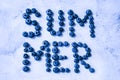 Summer inscription lined from blueberries. Fruits and berries, vegetarian and healthy eating concept. Summer text