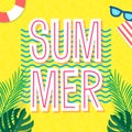 Summer inscription on the sand. Seasonal poster design template.