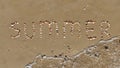 Summer inscription on the sand. The word summer laid out with shells on the sand and a sea wave. Letters made by Shells