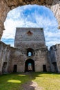 Summer, inside interior architecture of an ancient medieval church ruin with blue sky in Visby Gotland Sweden. Royalty Free Stock Photo