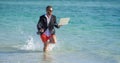 summer inspiration for business man. Beach for the director businessman. Businessman director running at the beach Royalty Free Stock Photo