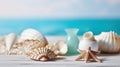 Summer inspiration vacation composition background with beach starfish and shells on white wooden table. Generative AI Royalty Free Stock Photo