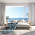 Summer interior background. White pillows on bed against of big window with stunning sea view. Interior design of bedroom Royalty Free Stock Photo