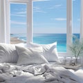 Summer interior background. White pillows on bed against of big window with stunning sea view. Interior design of bedroom Royalty Free Stock Photo