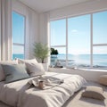 Summer interior background. White pillows on bed against of big window with stunning sea view. Interior design of bedroom Royalty Free Stock Photo