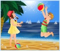 Summer invitation card. Cute little childern playing ball on the beach. vector