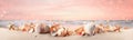 shell sea holiday sand ocean tropical summer nature beach banner. Generative AI.