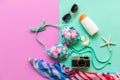 Summer items and accessories traveler woman colorful bikini , camera go to travel plan holiday vacation in the beach.