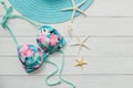 Summer items and accessories traveler woman colorful bikini , camera go to travel plan holiday vacation in the beach