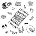 Summer items in doodle style. Beach items set with straw-hat, beach mat, sunglasses and swimsuit