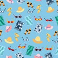 Summer items. Seamless pattern. Sunglasses, hat, sandals, slippers, towe Royalty Free Stock Photo