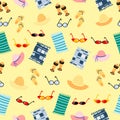 Summer items. Seamless pattern. Sunglasses, hat, sandals, slippers, towel. Royalty Free Stock Photo