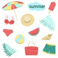 Summer items set, accessories. Beach, umbrella, watermelon, ice cream, hat, swimsuit, shorts, ball, shell, bag, leaves. Royalty Free Stock Photo