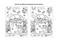 Find the differences visual puzzle and coloring page with frogs in a bucket