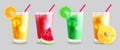 Summer juice vector set design. Summer fruit drinks, iced soda and refreshing lemonade glasses.