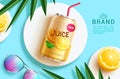 Summer juice vector template design. Summer soda drink in can product display elements