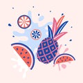 Summer juicy abstract fruit splash. Pineapple, watermelon and citrus slices. Juice, fresh fruits drink or dessert