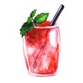 Summer juicy bright watermelon cocktail with straw and mint. Hand drawn watercolor illustration isolated on white