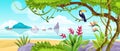 Summer jungle beach landscape, vector tropical island nature background, ocean, sand, toucan, liana, tree.