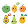 Summer kawaii food fruit character set isolated on white background. Vector smiling apple, lemon, orange, pineapple Royalty Free Stock Photo