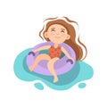 Summer kids activity - little girl sitting in inflatable mattress in swimming pool, sea or ocean. Summer swimming pool Royalty Free Stock Photo