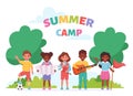 Summer kids camp. Children outdoor activity, camping and scouting concept. Vector illustration