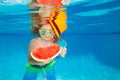 Summer kids portrait in pool water. Young boy swim and dive underwater. Under water portrait in swim pool. Child boy Royalty Free Stock Photo