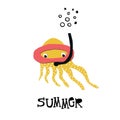 Summer - kids poster with cute octopus and lettering cut out of paper. Vector illustration