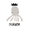 Summer kids poster with cute octopus and lettering cut out of paper. Vector illustration