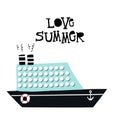 Summer kids poster with cute passenger liner and lettering cut out of paper. Vector illustration