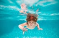 Summer kids in sea water on beach. Kid swimming in pool underwater. Child boy swim under water in sea. Royalty Free Stock Photo