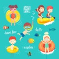 Summer Kids set, swimming, diving, playing and having fun in the water. Royalty Free Stock Photo