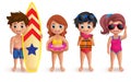 Summer kids vector characters set with boys and girls playing outdoor and holding beach elements Royalty Free Stock Photo