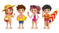 Summer kids vector characters set with boys and girls wearing swimming bikini holding beach ball Royalty Free Stock Photo