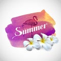 Summer Label With Exotic Frangipani Flowers And Flamingo Bird On