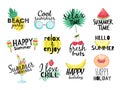 Summer labels. Beach vacation, summer travel graphic with lettering. Cocktail, sun and fresh fruits, ice cream badges