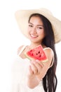 Summer lady giving you watermelon Royalty Free Stock Photo